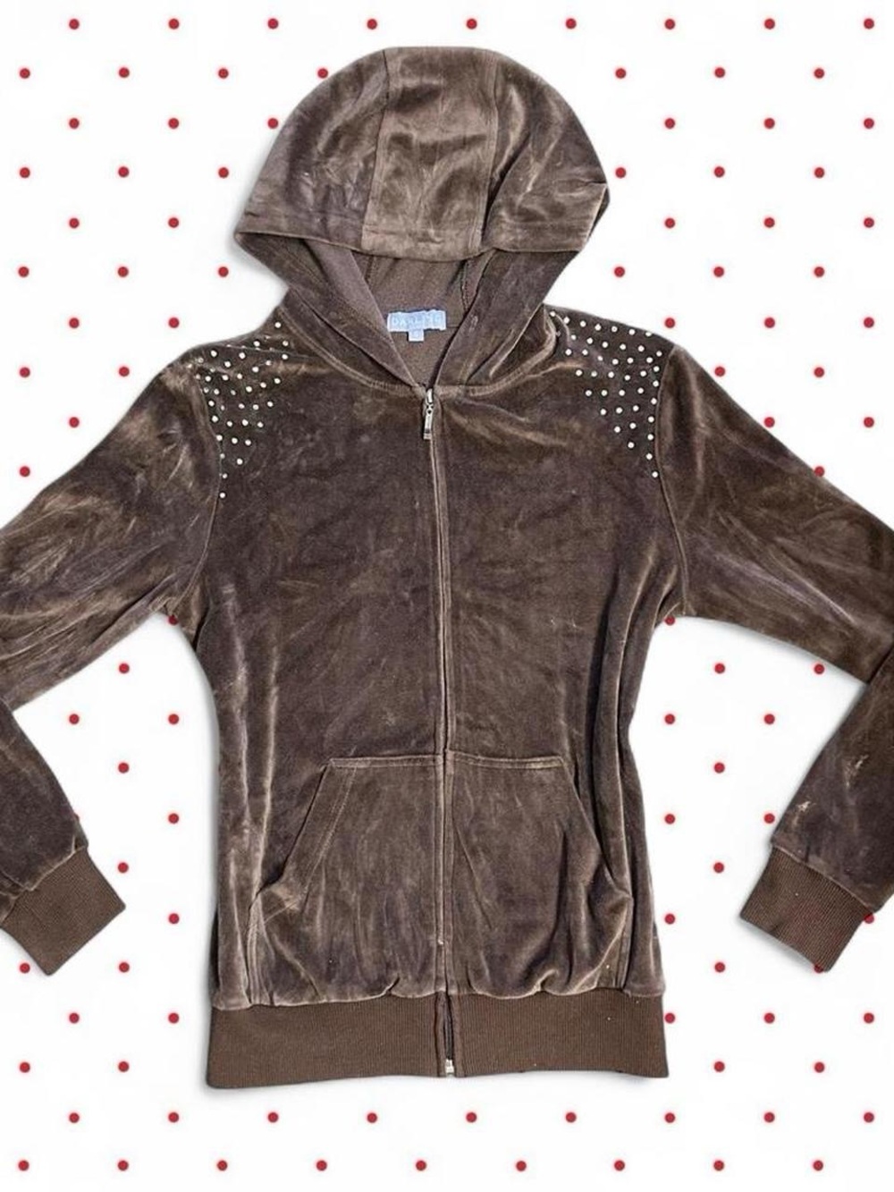 ' Velvet Zip-Up Hoodie Jacket with Stud Accents - Brown
